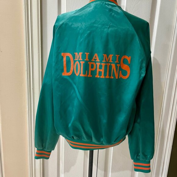 VINTAGE 80’ RETRO BOMBER SATIN JACKET NFL MIAMI DOLPHINS  TEAL/ORANGE SIZE L - Picture 6 of 16